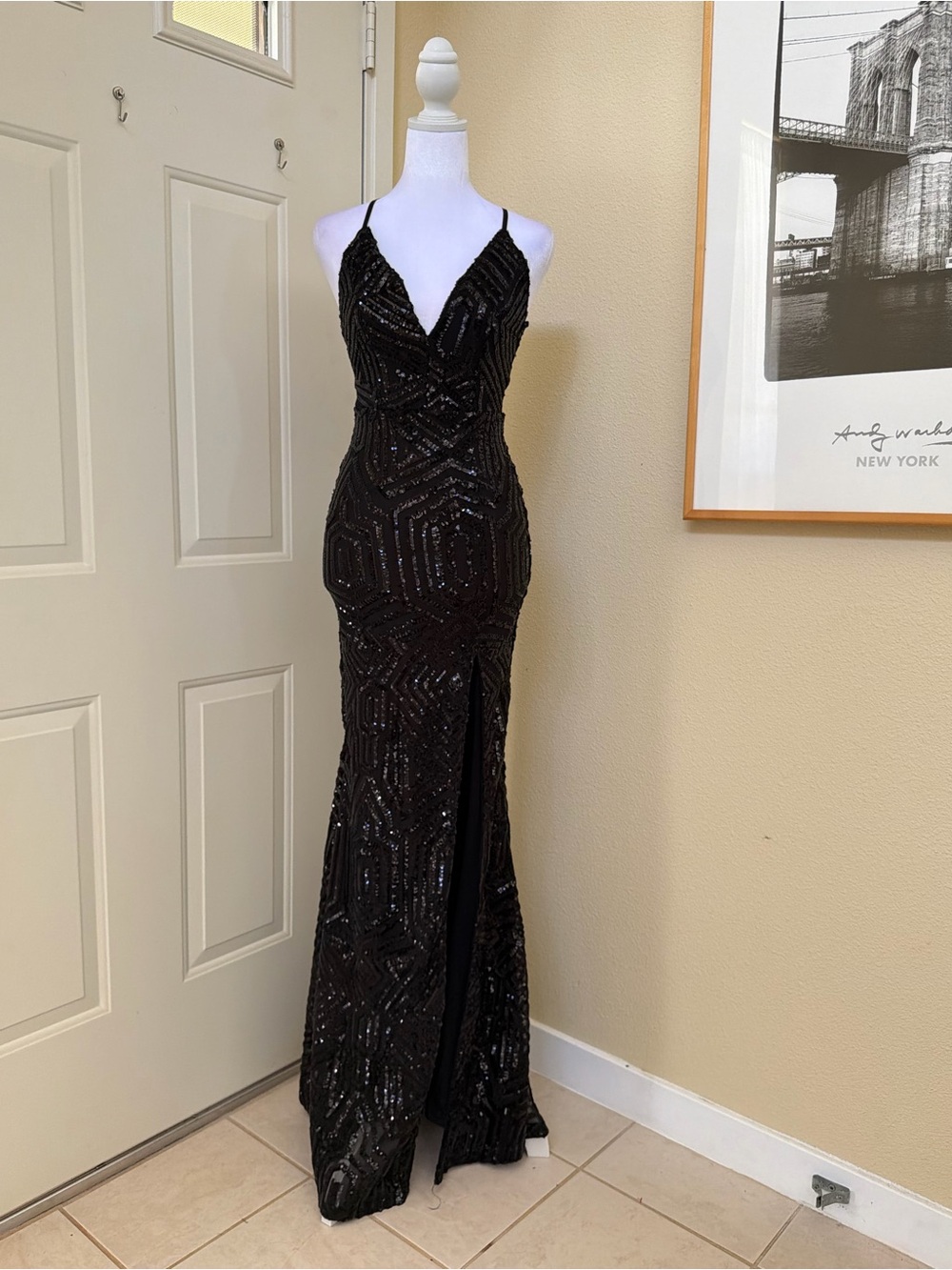 Windsor Black Deirdre Sequin Mesh Slit Prom Dress Gown Size Small - Picture 4 of 9